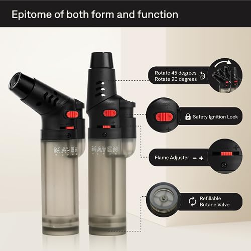 Alpha+ Refillable Butane Torch Lighters, 5 Pack, Windproof Mini Pocket Torch for Kitchen, Candles, Cooking, Baking, BBQ,