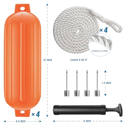 Twin Eyes Ribbed Boat Fenders 4 Pack 8.5 x 27 Inches for Boat Docking with Lines and Pump to Inflate