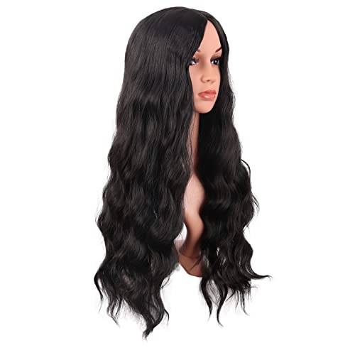 MapofBeauty Black 28 Inch Long Wavy Middle Part Wig for Women Party Cosplay (Black)