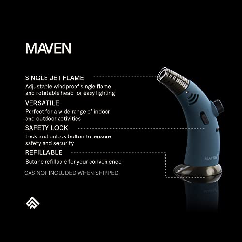 Maven Firehorn Butane Refillable Torch Lighter, Windproof, Safety Lock for Camping and Cooking