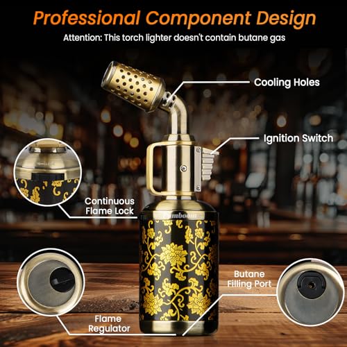 Vintage Butane Torch Lighter - Continuous Flame Lock & Adjustable Flame for BBQ & Baking (Refillable & Windproof)